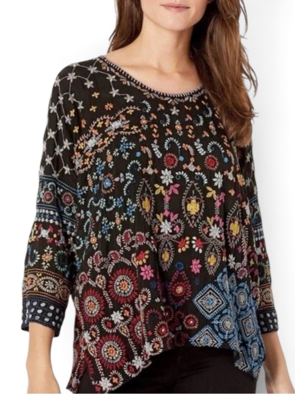 Johnny Was “Zora” Embroidered Brown Floral Bohemian Loose Blouse Tunic